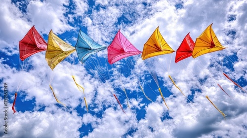 Colorful kites soaring in a vibrant blue sky filled with fluffy white clouds. photo