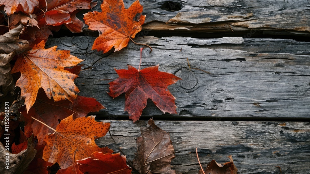 Rustic Autumn Frame: Sugar Maple Leaves on Weathered Wood Background Rustic Autumn Frame: Sugar Maple Leaves on Weathered Wood Background