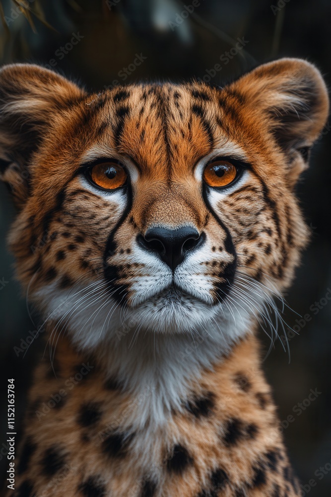 Fototapeta premium Majestic wild feline with striking orange eyes and distinctive spots gazes directly at the viewer in a natural setting