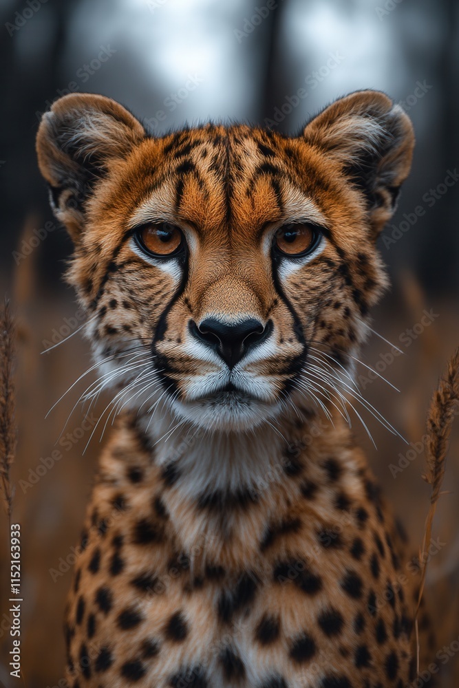 Fototapeta premium Cheetah gazes intensely from the tall grass, showcasing its vibrant fur pattern and striking features in a natural habitat during twilight hours