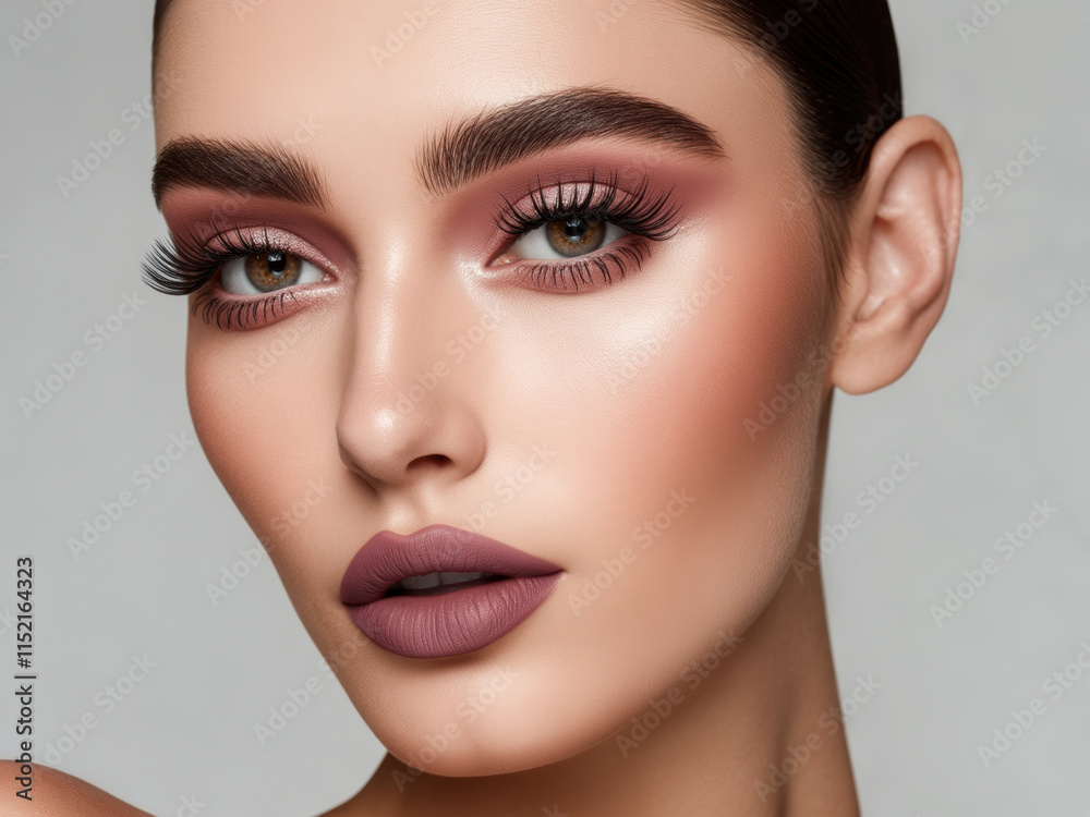 Clear portrait of a model showcasing elegant makeup with soft lighting in a studio setting Clear portrait of a model showcasing elegant makeup with soft lighting in a studio setting