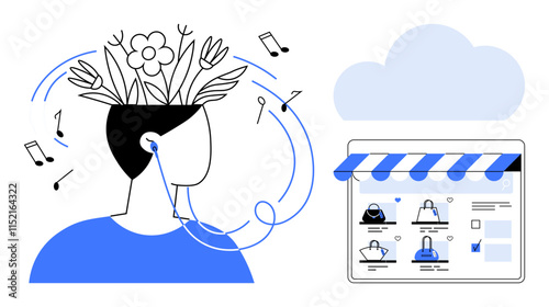 Person enjoying music with floral growths from head, earbuds connected. Online store with products illustrated beside. Ideal for wellness, e-commerce, creativity, technology, relaxation, lifestyle