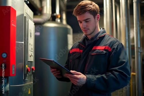 Technician examines equipment with tablet in industrial facility during work hours