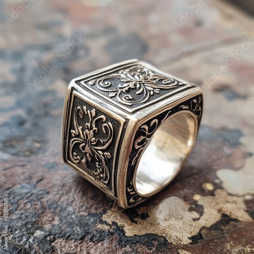 Elegant square signet ring with intricate floral patterns on rustic surface photo