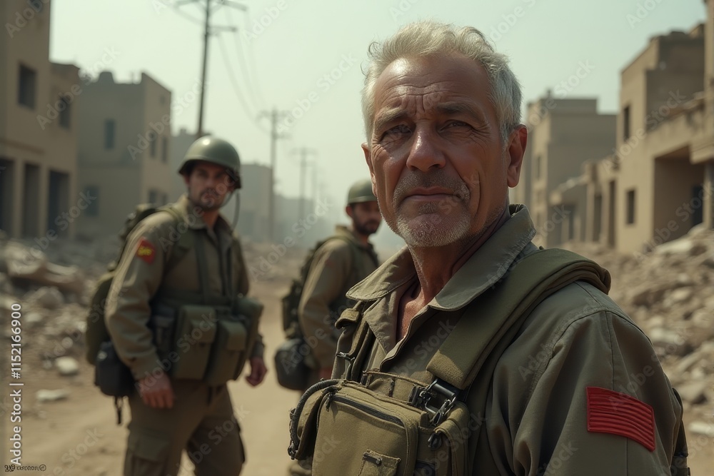 Fototapeta premium A depiction of civilians rebuilding lives after war devastation