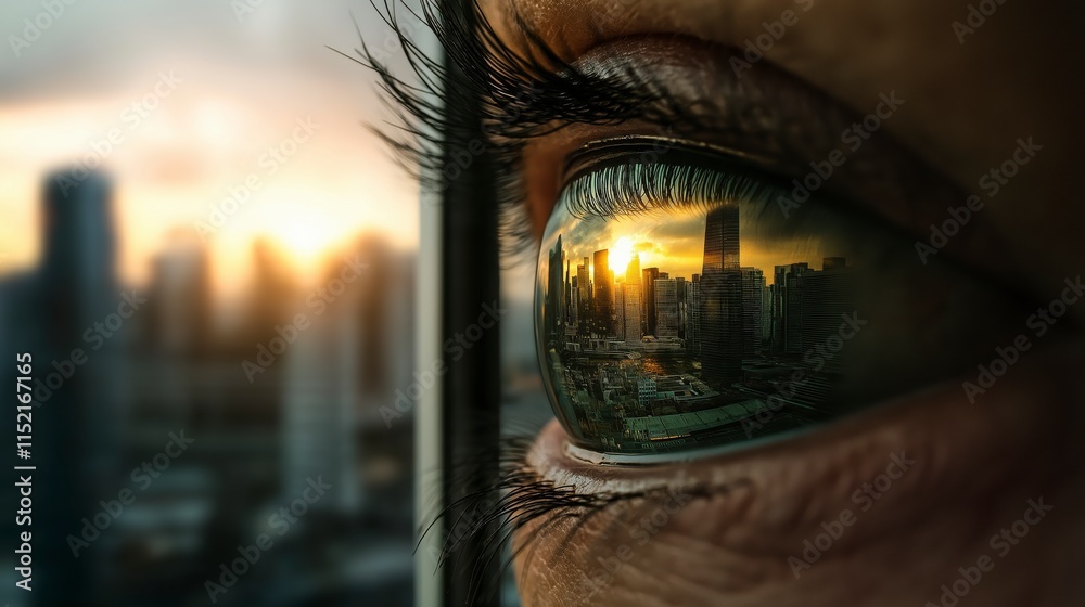 Giant Eye Reflecting Urban Landscape in the Sky at Sunset, Captivating View of City Skyline Through Eye Close-Up, Stunning Detail in Reflection Giant Eye Reflecting Urban Landscape in the Sky at Sunset, Captivating View of City Skyline Through Eye Close-Up, Stunning Detail in Reflection
