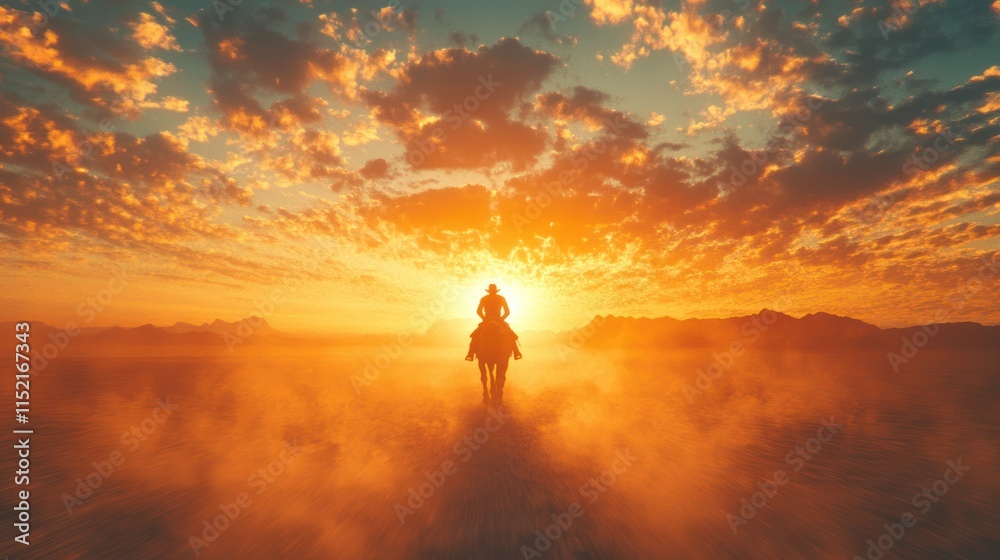 © afif - Silhouette of a cowboy riding a horse into a vibrant sunset.