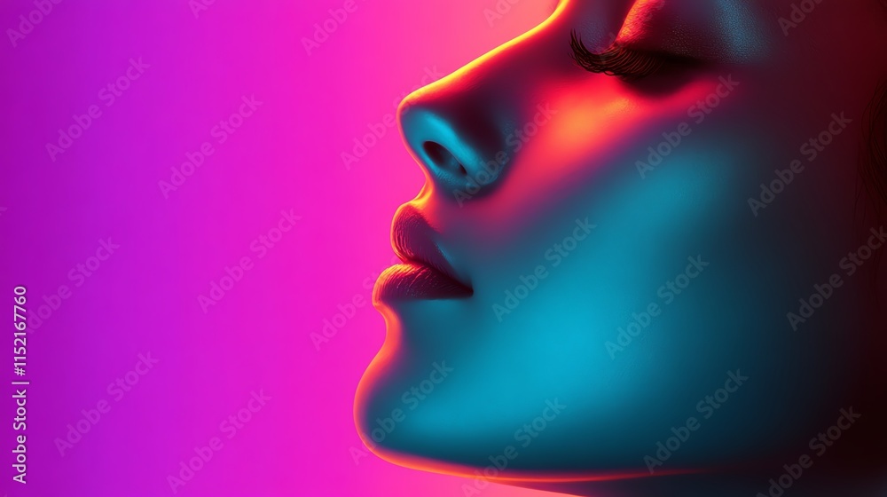 A vibrant profile portrait showcasing modern beauty with colorful lighting emphasizing facial features.
