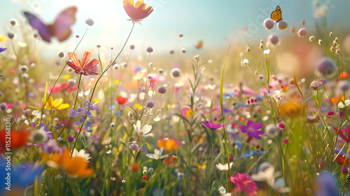 A colorful meadow filled with blooming flowers and butterflies