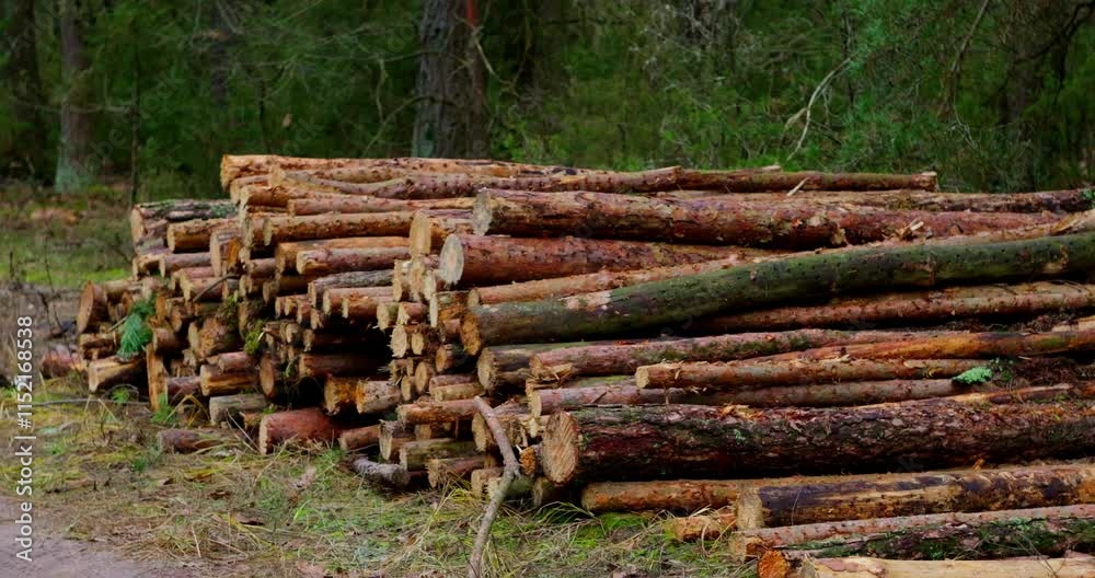 Lots of sawn logs in the forest. Forestry industry and timber harvesting. Deforestation Europe Lots of sawn logs in the forest. Forestry industry and timber harvesting. Deforestation Europe