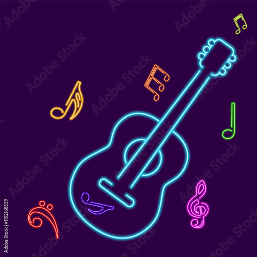 Abstract illustration for music themed designs, posters, and digital artwork, blue glowing neon guitar with colorful music notes, enhancing the visual appeal with modern neon effect.