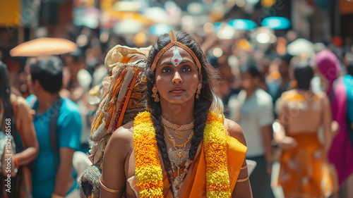 A devotee carrying a beautifully decorated kavadi while walking through a crowd photo