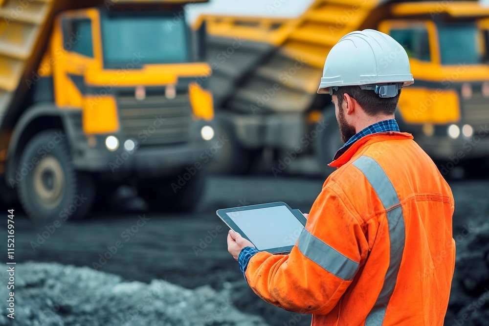 Worker using tablet on mining site with dump trucks in the background during daytime Worker using tablet on mining site with dump trucks in the background during daytime