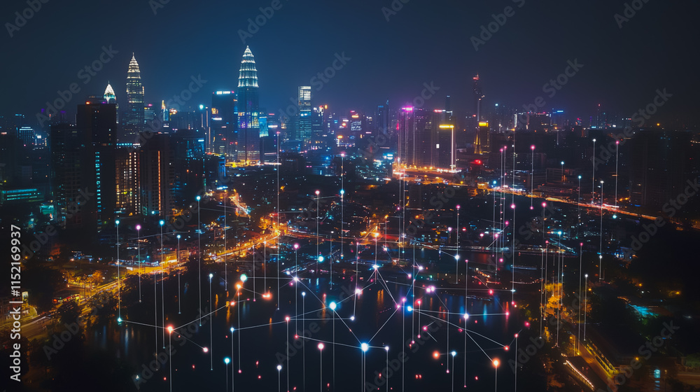 Fototapeta premium Abstract businesswoman stands on the peak of success Smart digital city with connection cyber security network reciprocity over the cityscape future wireless digital city and social media networking
