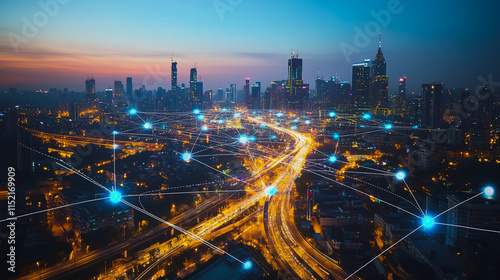 Wallpaper Mural Abstract businesswoman stands on the peak of success Smart digital city with connection cyber security network reciprocity over the cityscape future wireless digital city and social media networking Torontodigital.ca