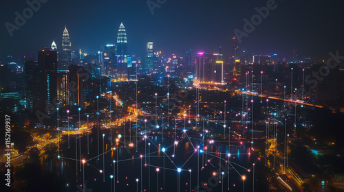 Wallpaper Mural Abstract businesswoman stands on the peak of success Smart digital city with connection cyber security network reciprocity over the cityscape future wireless digital city and social media networking Torontodigital.ca