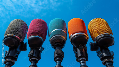 A vibrant array of microphones, poised against a brilliant blue sky.