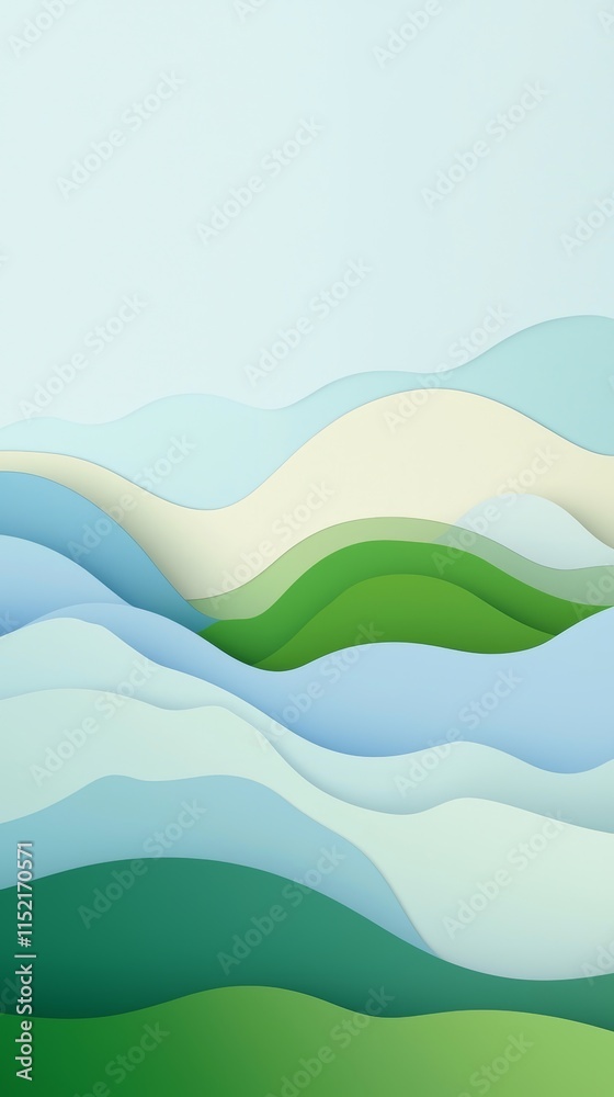 Abstract paper cut landscape forming wavy green hills and blue sky creating a serene and minimalist nature scene, ideal for backgrounds and environmental concepts Abstract paper cut landscape forming wavy green hills and blue sky creating a serene and minimalist nature scene, ideal for backgrounds and environmental concepts