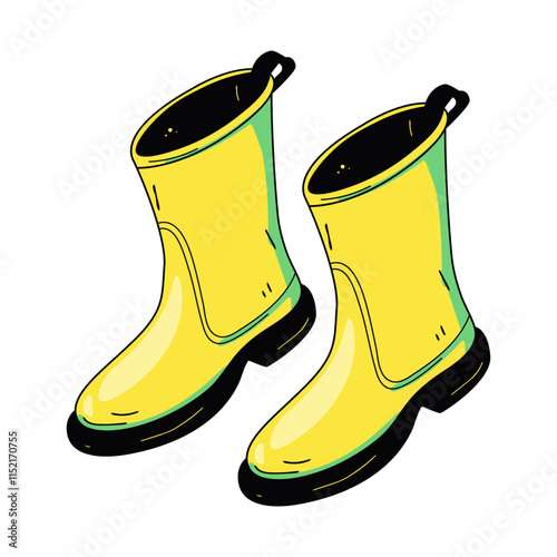 Garden boots hand drawn in cartoon style vector illustration. Isolated clip-art object on white background. Household supplies. Yellow rubber boots. Camping, hiking, horticulture concept art.