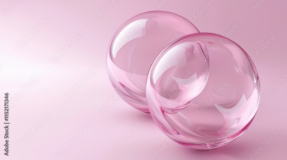 Two pink glass spheres are delicately positioned on a subtle pink backdrop, their translucent surfaces catching the light and creating a soft, dreamy atmosphere with a minimalist aesthetic Two pink glass spheres are delicately positioned on a subtle pink backdrop, their translucent surfaces catching the light and creating a soft, dreamy atmosphere with a minimalist aesthetic