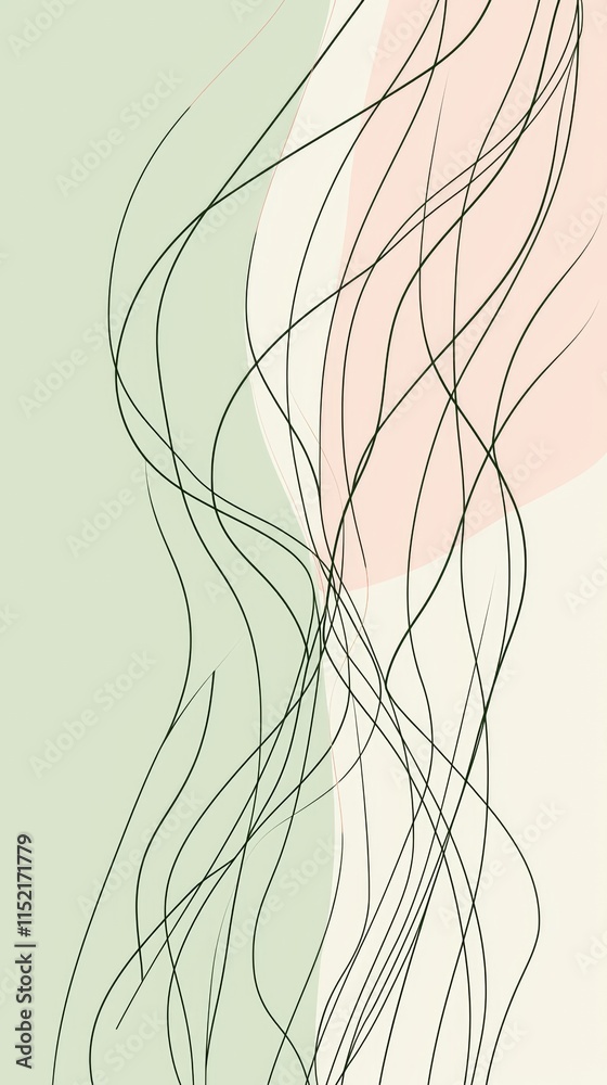 Elegant abstract background featuring flowing, curved lines in dark green over pastel pink, cream, and light green color blocks, creating a sense of gentle movement and modern artistic expression Elegant abstract background featuring flowing, curved lines in dark green over pastel pink, cream, and light green color blocks, creating a sense of gentle movement and modern artistic expression