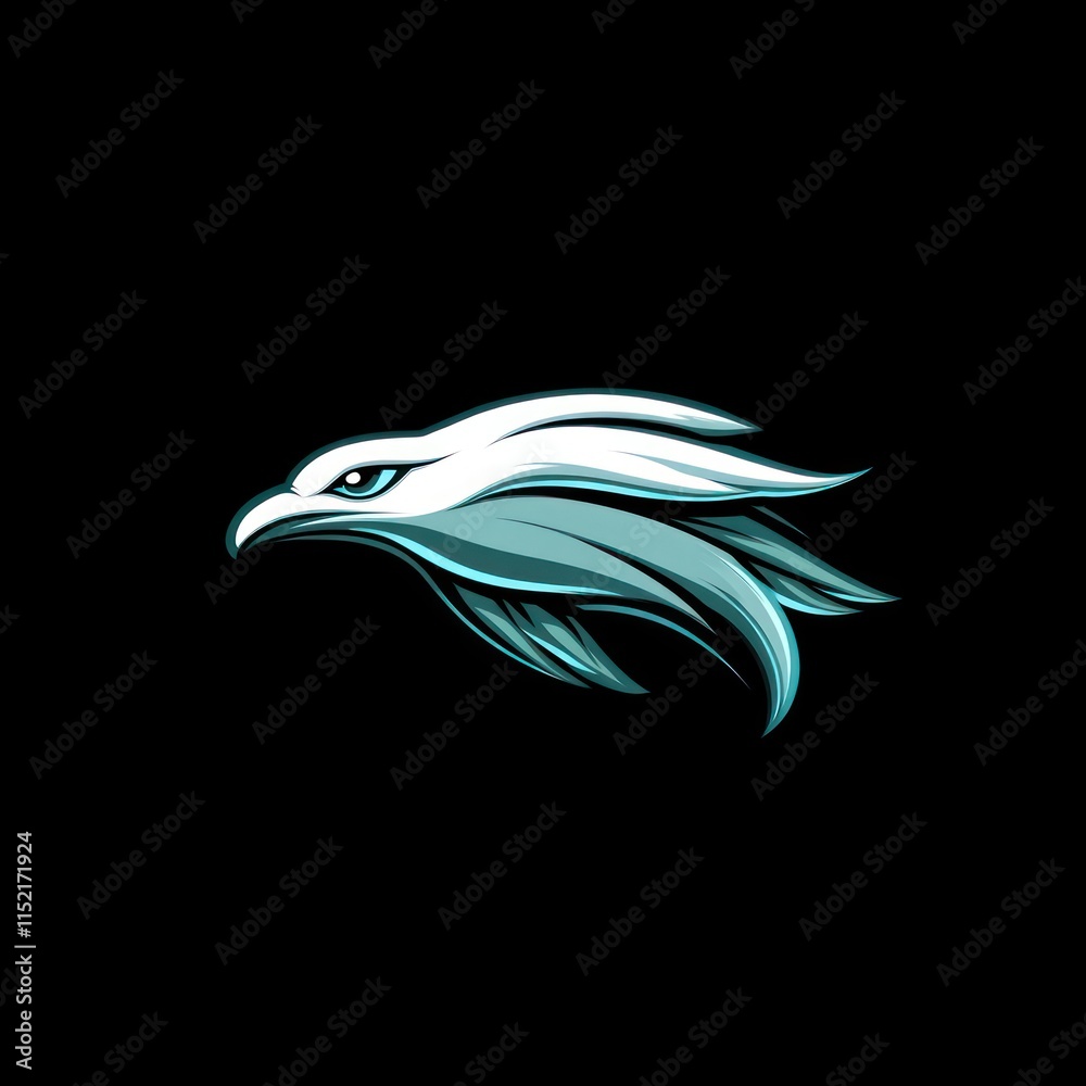 Fototapeta premium Abstract stylized teal and white eagle head design on black background.