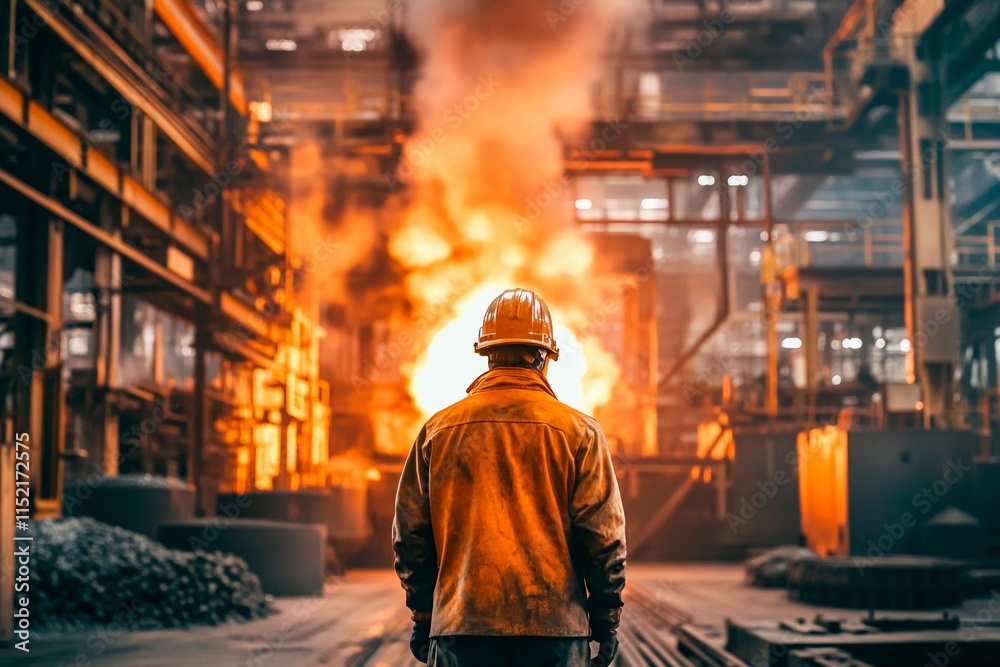 Worker observes fiery furnace in vibrant industrial setting during evening hours Worker observes fiery furnace in vibrant industrial setting during evening hours