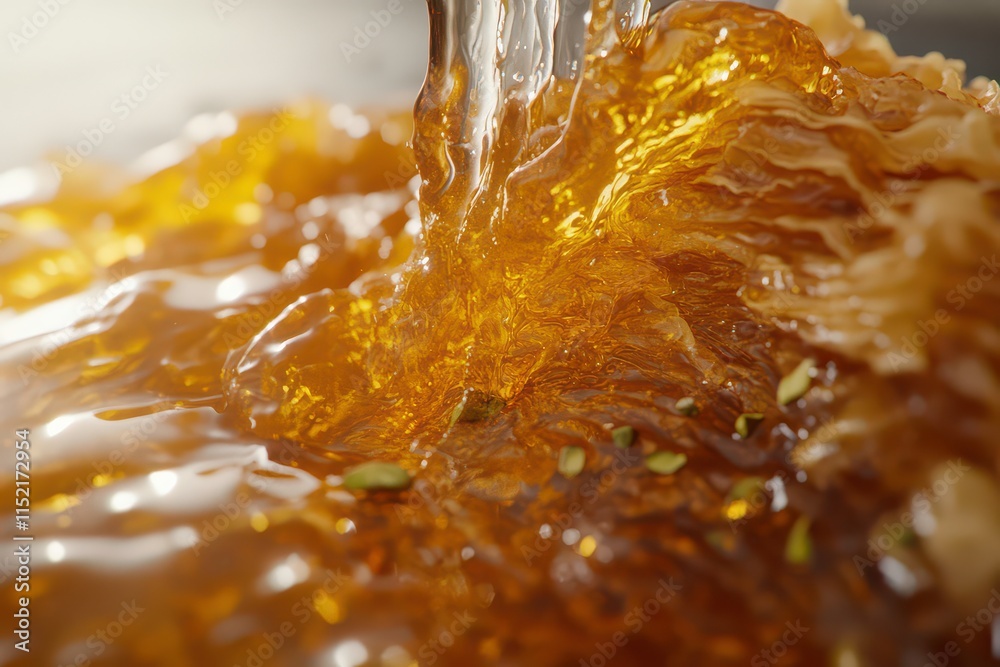 A close-up of golden syrup cascading over a textured surface. A close-up of golden syrup cascading over a textured surface.