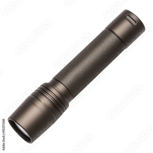 Sleek metal flashlight on white background, featuring a textured grip and advanced focus. Essential tool for outdoor enthusiasts and emergencies.