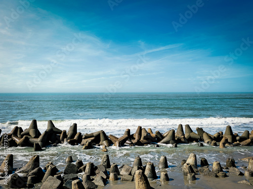 The Bay of Bengal, view from the Cox's Bazar Beach in Bangladesh, Bangladesh. Coast of the sea at daytime. World's largest sea beach. photo