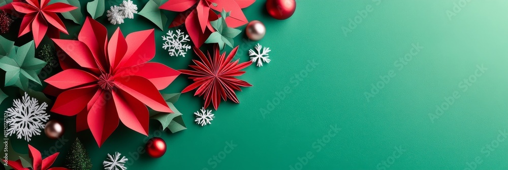 Obraz premium Festive Papercraft Christmas Decor - Red poinsettias, snowflakes, stars, and ornaments on green. Symbolizing: winter, celebration, artistry, tradition, joy.