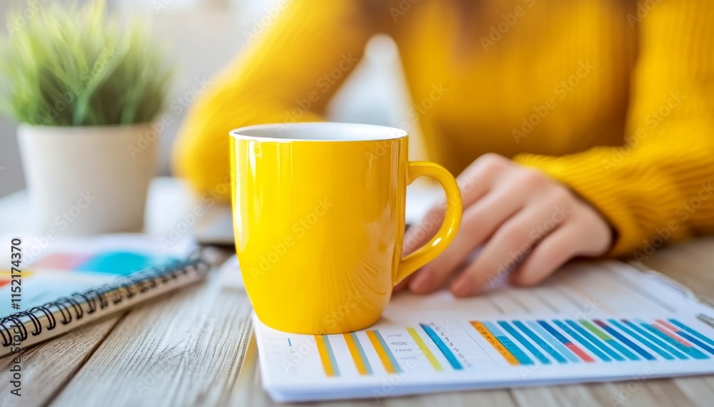 Woman in Yellow analyzing financial charts and enjoying a cup of coffee at her home office desk. Woman in Yellow analyzing financial charts and enjoying a cup of coffee at her home office desk.