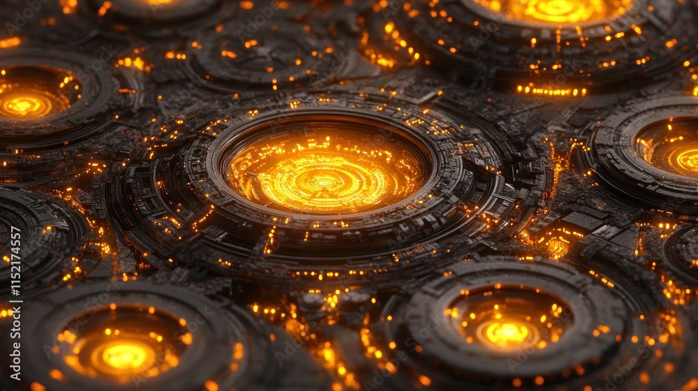 Abstract technological background with glowing orange circles and intricate dark metallic structures. Abstract technological background with glowing orange circles and intricate dark metallic structures.