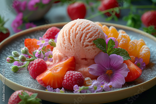 Refreshing fruit sorbet served with colorful berries and edible flowers on a stylish plate. Generative AI