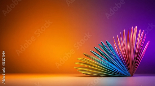 Colorful paper fanned out against vibrant orange and purple background, creating striking visual effect. arrangement showcases spectrum of colors, enhancing artistic appeal photo