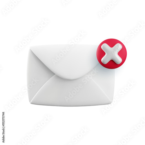 Vector cartoon 3d error message icon. 3d render closed envelope with red x cross sign. Official warning email sign, rejection document, stop spam mail, delete virus e-correspondence, wrong address