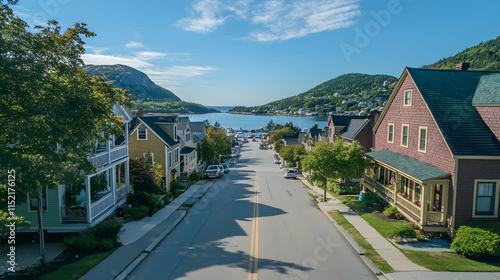 Scenic coastal street in Bar Harbor Maine with waterfront views and classic New England charm