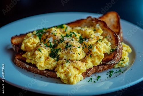 Delicious scrambled eggs served on crispy toast with fresh herbs at a cozy breakfast spot