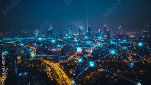 Wallpaper Mural Smart digital city with connection cyber security network reciprocity over the cityscape . future smart wireless digital city and social media networking systems that connects people within the city Torontodigital.ca
