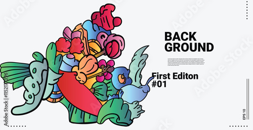 Vector abstract cartoon monster face, beak, fang, bird doodle design,and head colorful illustration.Banner and wallpaper background. landing page illustration
