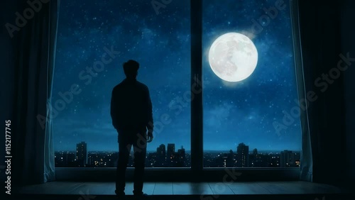 Silhouette of a man gazing at the full moon. Seamless looping 4k time-lapse animation video background
