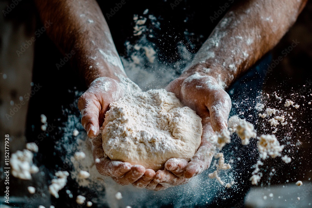 Fototapeta premium Flour dances in the air as hands knead dough for fresh bread in a rustic kitchen