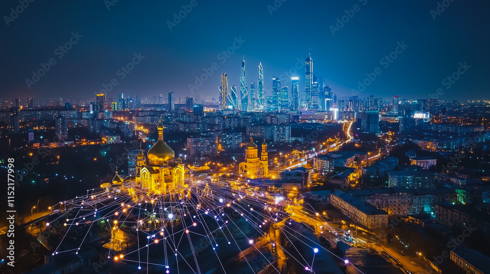 Fototapeta premium Smart digital city with connection cyber security network reciprocity over the cityscape . future smart wireless digital city and social media networking systems that connects people within the city