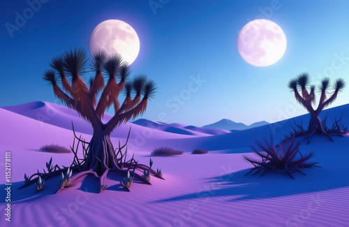 Surreal desert nightscape with twin moons and purple sand dunes photo