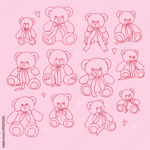 Simple line art set of a teddy bears with a bows, featuring minimalist style and playful design suitable for Valentine's themes. Hand drawn doodle vector illustration.