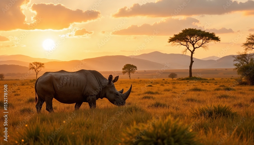 Obraz premium Photorealistic Lone Rhinoceros Grazing in Wide-Open Grassland, Warm Sunset Light and Scattered Trees on Horizon, Serene Mood 