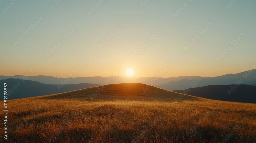 Fototapeta premium Golden Hour Hilltop Sunset - Serene sunset over rolling hills, symbolizing peace, tranquility, hope, nature, and new beginnings.