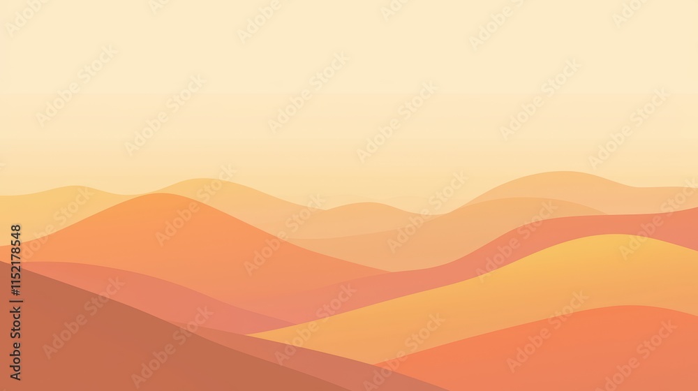 Obraz premium Rolling hills bathed in warm sunlight create a serene and minimalist landscape, with a gradient of colors ranging from deep oranges to soft yellows, evoking a sense of peace and tranquility