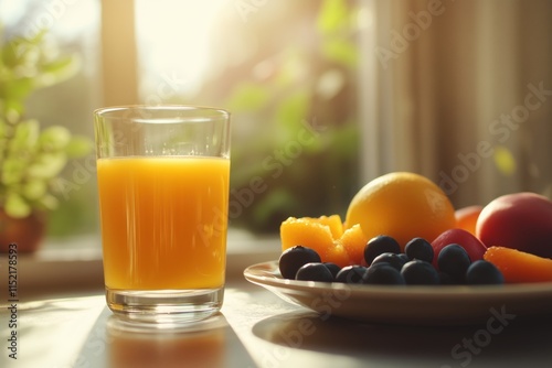 Orangensaft und Obst mit Tageslicht