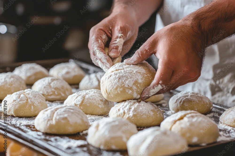 Fototapeta premium Baker hands shaping dough for baking bread